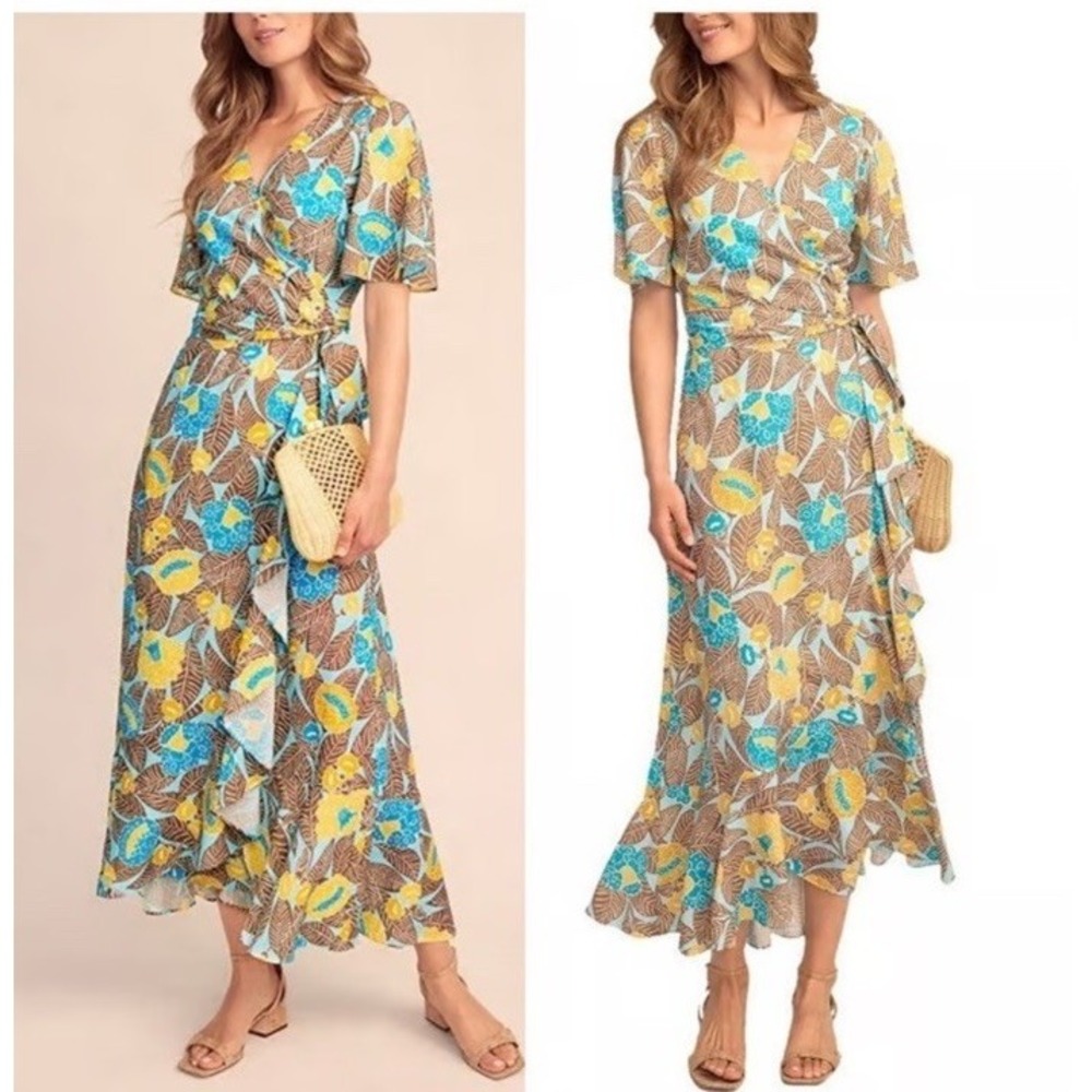 J‎ McLaughlin Audette Wrap Dress Size L Blue & Tan Floral Ruffle Maxi Boho Flowy
